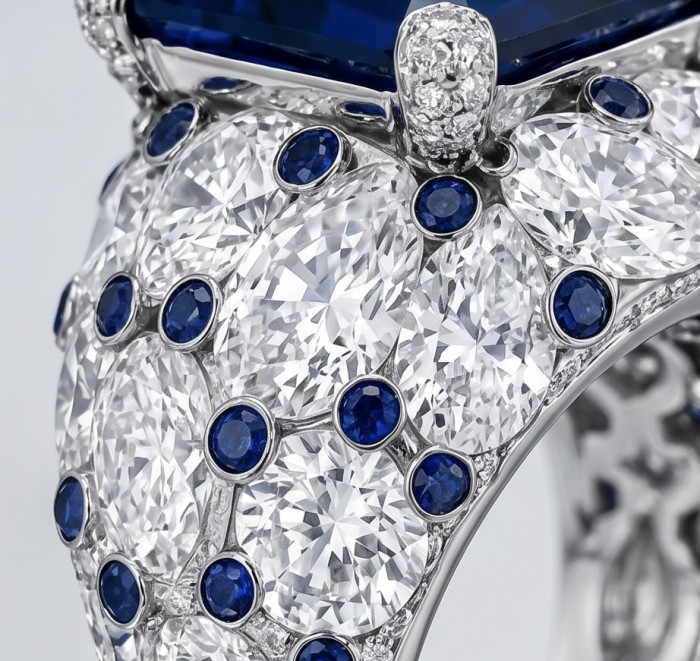 Blue Royalty 15.5 ctw natural Sapphire .925 Sterling Silver handcrafted large Statement Ring size 8 - Stone close-up of Blue Royalty ring with sapphires and diamonds.
