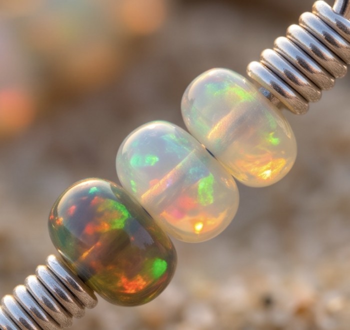 Golden Mist - Authentic 8.9 carat Ethiopian Opal .925 Sterling Silver handmade earrings - Opal beads stone close-up on metal chain, Golden Mist, 8.9 carat opal.