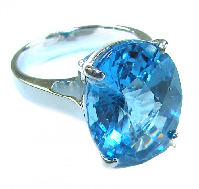Purity 8.8 carat authentic Swiss Blue Topaz .925 Sterling Silver handmade Ring size 6 3/4 - Close-up of Swiss Blue Topaz ring in .925 Sterling Silver setting