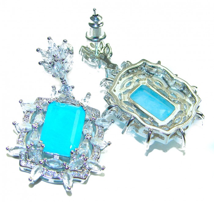 Royalty baquete cut 12.2 carat Paraiba Tourmaline .925 Sterling Silver entirely handmade earrings - Close-up of Royalty baguette cut Paraiba Tourmaline earrings.