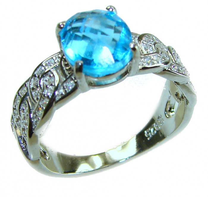 Blue Odyssey 4.5 carat authentic Swiss Blue Topaz .925 Sterling Silver handmade Statement Ring size 9 - Side view of Blue Odyssey Swiss Blue Topaz ring with diamond accents