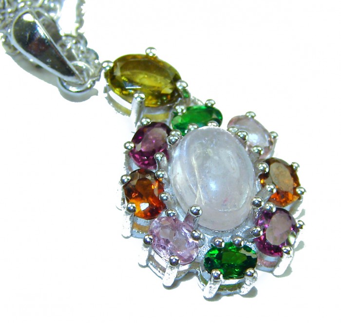 Red Rose authentic Rose Quartz .925 Sterling Silver handcrafted necklace - Stone close-up of multicolored gemstone pendant on silver chain.