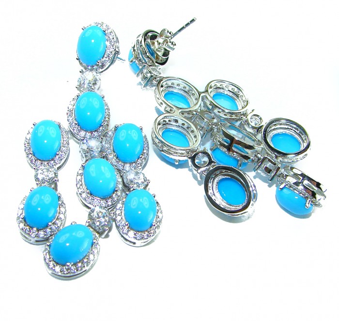 Great quality authentic Sleeping Beauty Turquoise 18K Whute Gold over .925 Sterling Silver handcrafted Earrings - Sleeping Beauty Turquoise earrings, top view, showcasing stones and settings.
