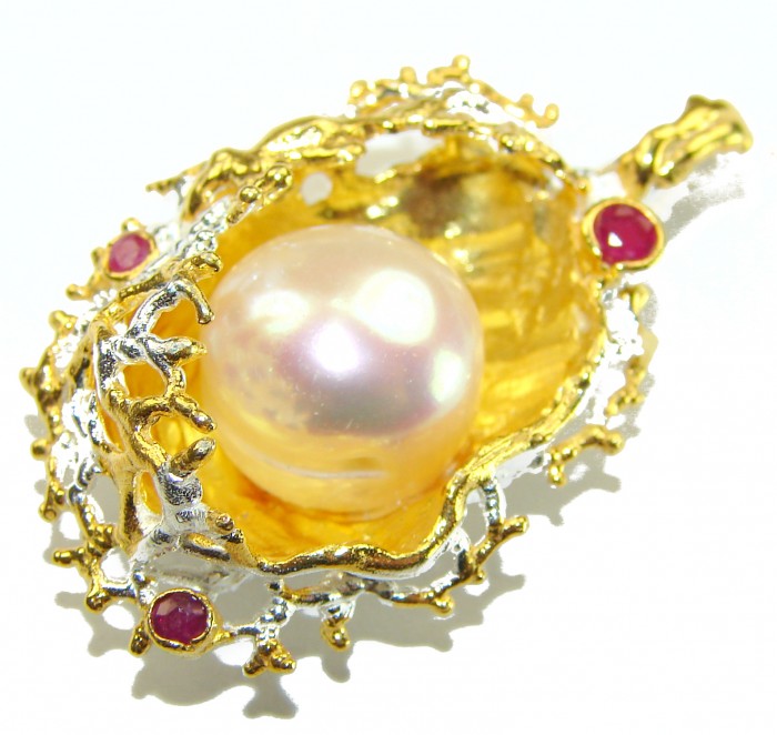 Precious genuine Pearl 14k Gold over .925 Sterling Silver handmade Pendant - Close-up of pearl pendant with gold and silver detailing.