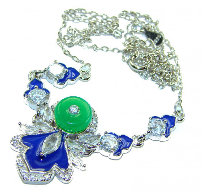 Art Deco - 5.8 carat Jade coral lapis lazuli enamel .925 Sterling Silver handmade Necklace - Art Deco jade and lapis lazuli necklace, chain and stone close-up.