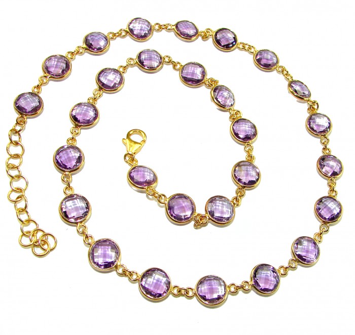 A Heritage in Bloom - Italy made 28.5 carat Amethyst .925 Sterling Silver dipped in 18K Gold handmade necklace - Gold chain necklace with purple amethyst stones and lobster clasp detail