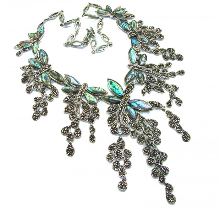 HUGE 80.5 grams Seven Butterflies design genuine Raibow Abalone .925 Sterling Silver handcrafted Necklace - Necklace with abalone butterflies, top view, detailed design
