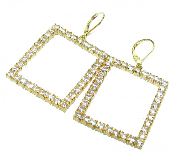 Large Extravaganza White Topaz 18K Gold over .925 Sterling Silver handcrafted Earrings - Large white topaz gold earrings, top view, emphasis on sparkle.