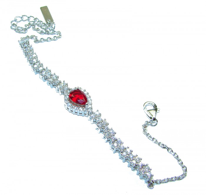 Natural 6.7 carat Ruby .925 Sterling Silver handmade Statement Bracelet - Silver bracelet with 6.7 carat ruby, top view showing clasp and details.
