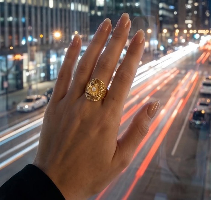 Dubai Style 0.7 CARAT White Topaz .925 Sterling Silver dipped in 22K Gold handmade ring size 8 - Ring worn on hand with city lights backdrop, gold intricate pattern