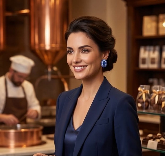 Art Deco - Incredible genuine 10.5 CARAT Sapphire .925 Sterling Silver handcrafted Earrings - Woman wearing Art Deco sapphire earrings in a bakery setting.