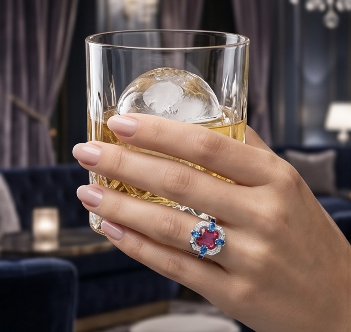 Art Deco 8.6 ctw Ruby .925 Sterling Silver handcrafted Statement Ring size 8 - Ruby ring worn on hand holding a whiskey glass, close-up view.