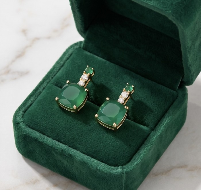 Asscher cut 3.8 carat COLOMBIAN Emerald 22k Gold over .925 Sterling Silver handmade Earrings - Emerald earrings in green velvet box, top view.