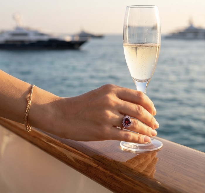 Natural 4.8 carat Mozambique Ruby .925 Sterling Silver Handcrafted Cocktail Ring s. 9 - Ruby ring worn on hand holding champagne, yacht in background
