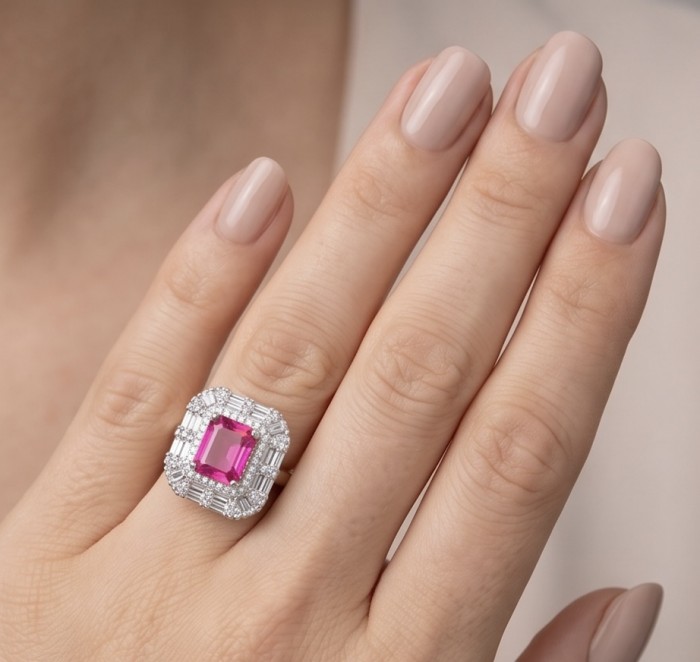 Stella 9.8 carat Brazilian Pink Topaz .925 Sterling Silver Handcrafted Statement Ring size 8 - Pink topaz ring worn on hand, showcasing detailed silver setting.