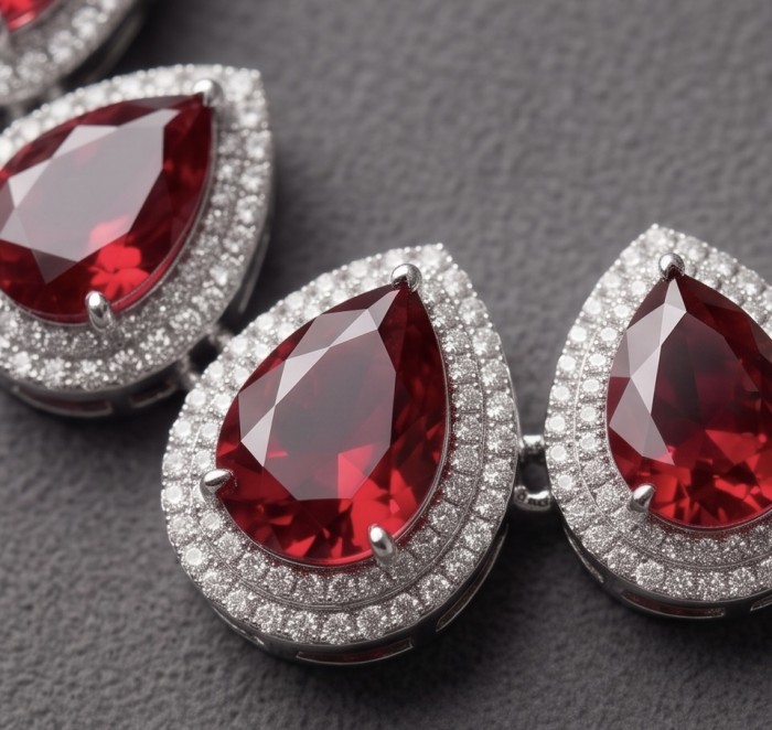 Giuseppina - Magnificent 22.7 carat authentic Ruby rhodium over .925 Sterling Silver handcrafted Statement necklace - Close-up of pear-shaped ruby and diamond-encrusted jewelry.