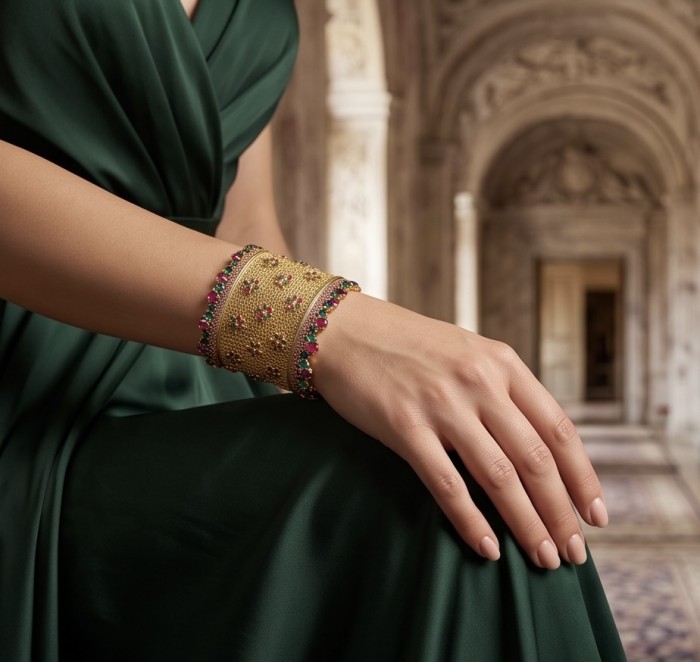 Byzantine design Authentic Ruby 14K Gold over .925 Sterling Silver handmade handcrafted Bracelet / Cuff - Byzantine ruby bracelet on hand, showcasing intricate gold detail.