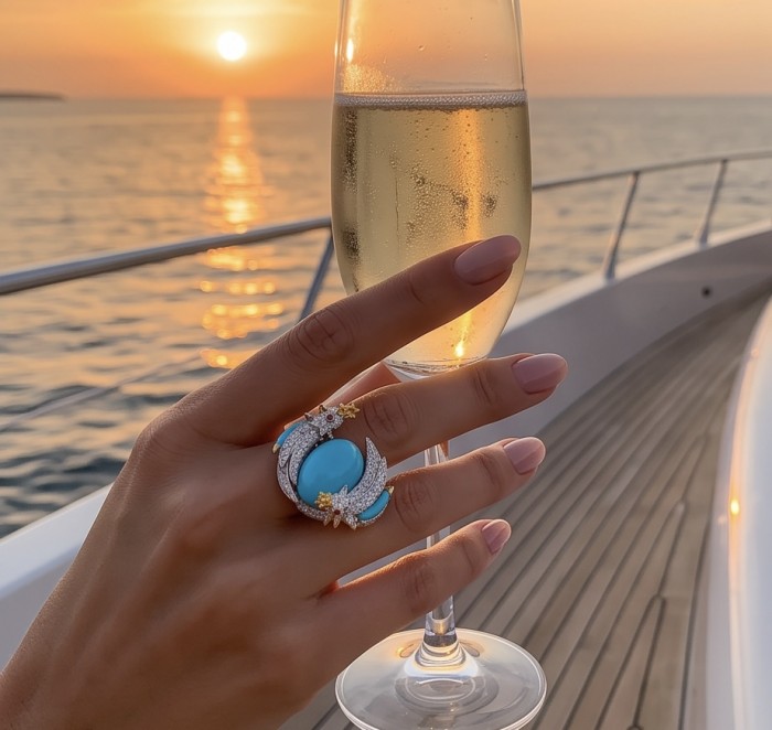 Birds on a Rock 0.7 carat Lab Grown Diamond genuine Sleeping Beauty Turquoise Ring in .925 Sterling Silver partially plated with 22K Gold size 7 - Worn on hand, sunset backdrop with Birds on a Rock ring and champagne.