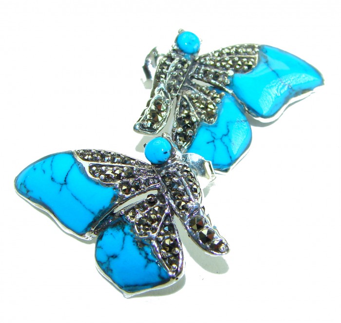 Blue Butterfly Precious natural Turquoise .925 Sterling Silver handcrafted Earrings - photo 3
