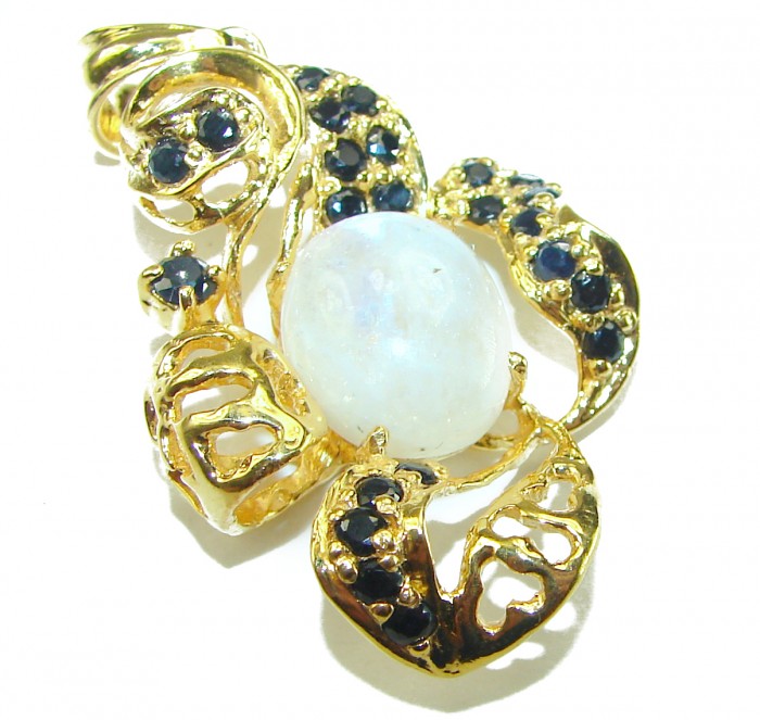 Genuine Rainbow Moonstone Sapphire 14k Gold over .925 Sterling Silver handcrafted pendant - Gold pendant with moonstone and sapphire, top view, intricate design