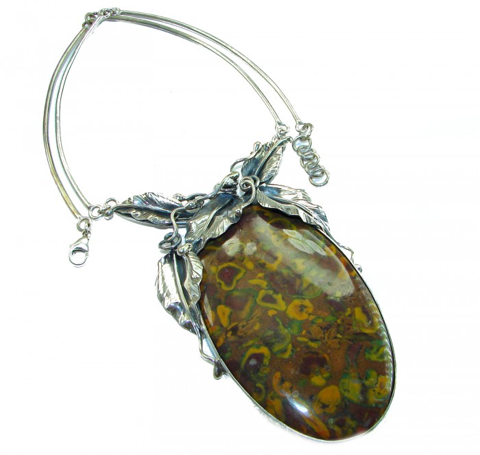 Wild Jangle Oversized Master-Piece genuine Rainforest Jasper .925 Sterling Silver handcrafted necklace - Front view of oversized necklace with Rainforest Jasper and leaf accents