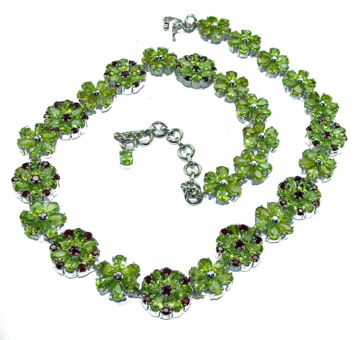 Mint Whisper - Great Masterpiece 252.2 carat genuine Peridot .925 Sterling Silver handmade Statement necklace - Floral necklace with green gemstones, top view, highlighting clasp detail.