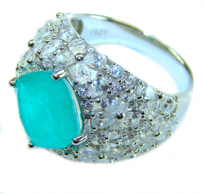 Pacific green - Vintage style - 9.5 carat Emerald .925 Sterling Silver handcrafted Statement Ring size 7 1/4 - Emerald ring close-up, vintage style with diamond accents, side view.