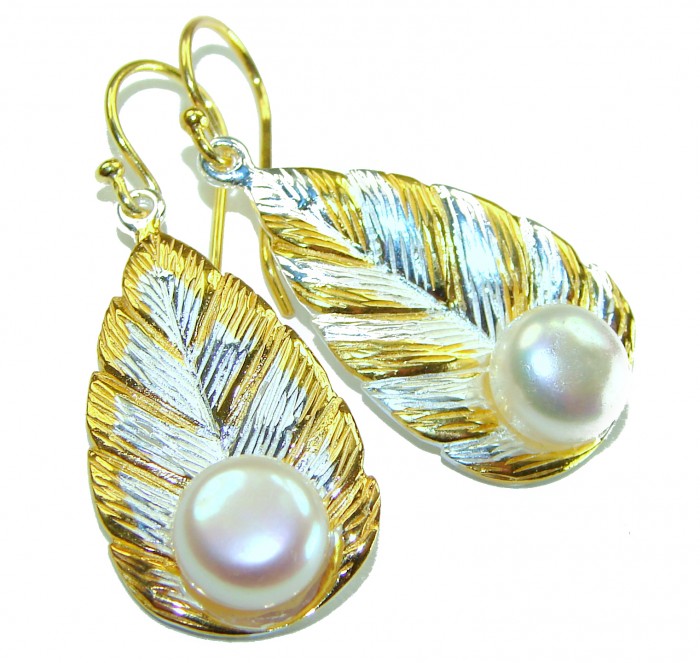 Sublime Blister Pearl 14K Gold over .925 Sterling Silver handcrafted Earrings - Gold and silver leaf earrings with pearls, close-up view