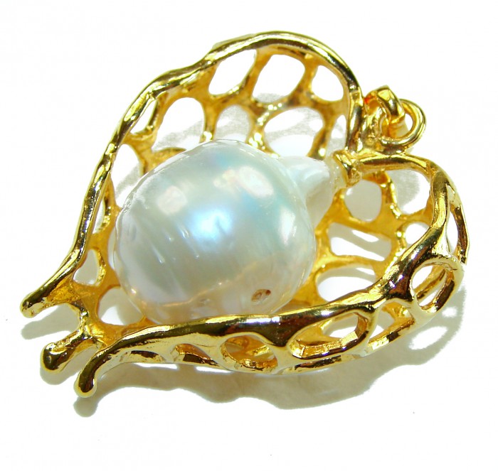 Precious golden Heart genuine Pearl 14k Gold over .925 Sterling Silver handmade Pendant - Gold heart with pearl, angled top view, intricate lattice design
