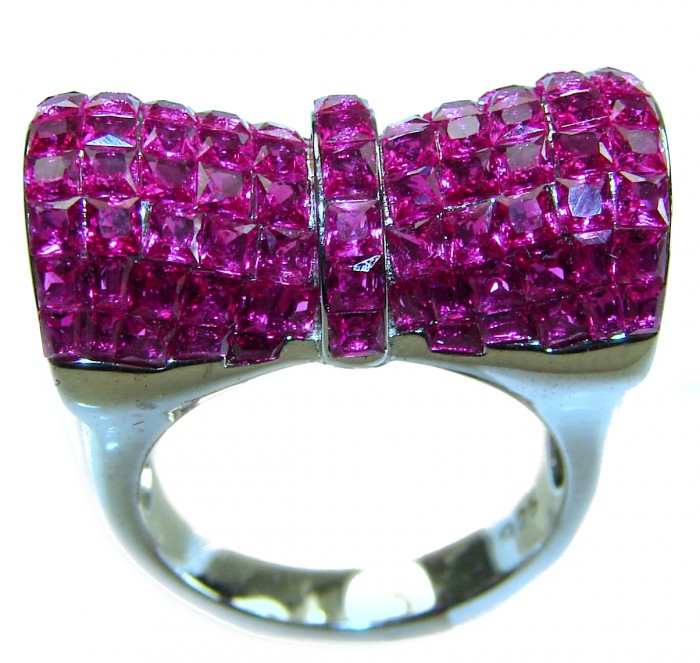 Luxurious Bow - natural 15.5 carat Ruby .925 Sterling Silver handmade Statement Ring size 6 1/2 - Ring with pink rubies in bow shape, front view, sterling silver band.