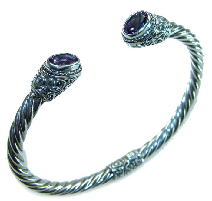 Heavy and Solid authentic 10.2 carat Amethyst .925 Sterling Silver handcrafted hinged cuff bracelet - Silver bracelet with amethyst ends, detailed side view.