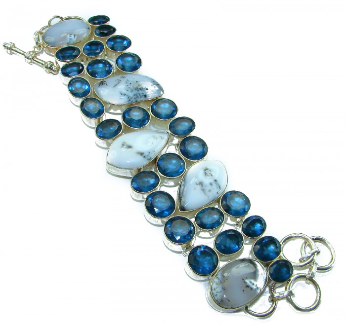 Very Unique natural White Dendritic Agate & Blue Topaz Sterling Silver Statement Bracelet - Unique dendritic agate and blue topaz bracelet, top view.