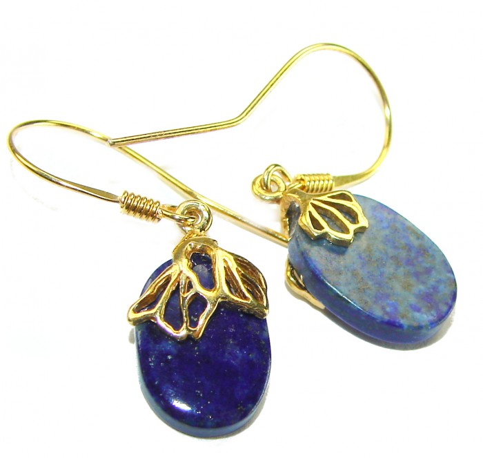 Perfect genuine Blue Lapis Lazuli .925 Sterling Silver dipped in 14K Gold handmade earrings - Close-up of blue lapis lazuli earrings with gold leaf detailing