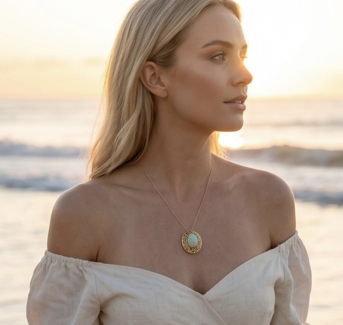 Earth Treasure Authentic 12.8 carat Golden Ethiopian Opal 22K Gold over .925 Sterling Silver handcrafted Statament Necklace - Necklace with Ethiopian Opal worn on model, side view at sunset.