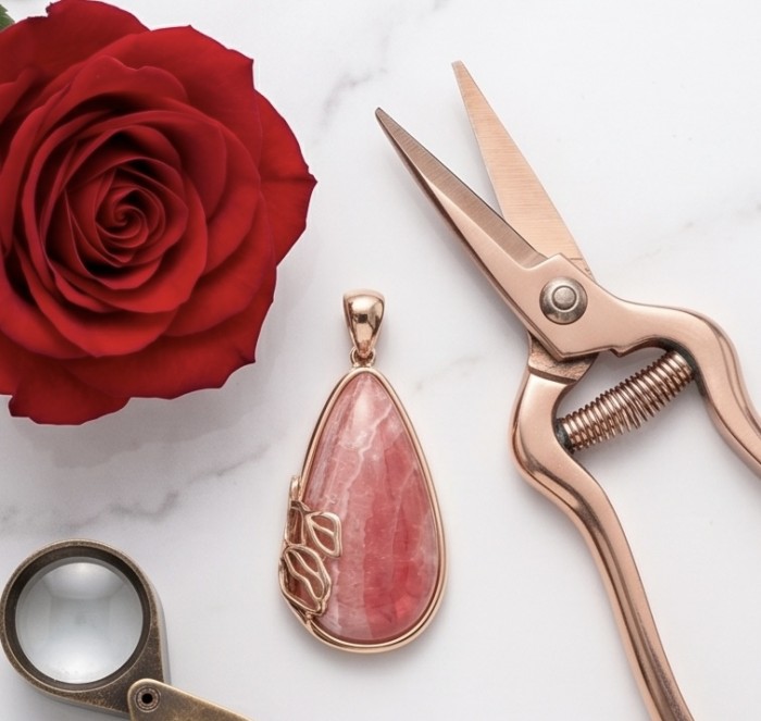 Argentinian Rhodochrosite handmade Pendant in Vermeil 18K Rose Gold Over .925 Sterling Silver - Argentinian Rhodochrosite pendant with garden shears, top view.