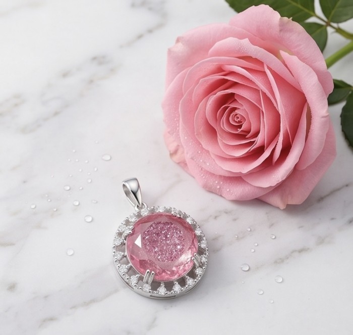 Emily 5.8 carat Brazilian Watermelon Tourmaline .925 Sterling Silver Handcrafted handmade Pendant - Pink tourmaline pendant and rose on marble surface, top view.