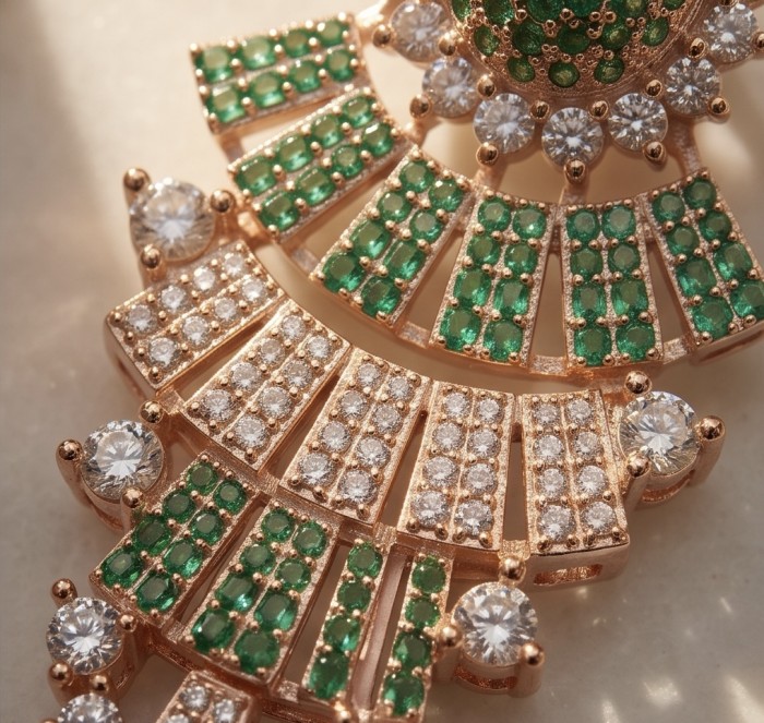 Authentic 4.7 carat Tsavorite Garnet 18K Rose Gold over .925 Sterling Silver handcrafted Statement earrings - Close-up of authentic Tsavorite garnet in 18K rose gold jewelry.