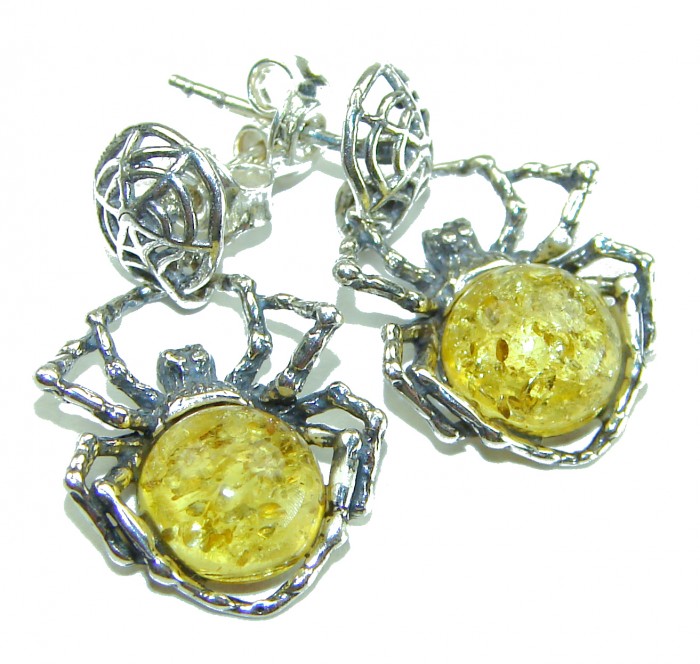 Golden Spiders authentic Baltic Amber .925 Sterling Silver earrings - Golden spider earrings with amber, front view.