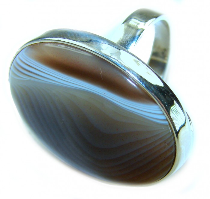 Sahara Dune Top Quality Botswana Agate .925 Sterling Silver handcrafted Ring s. 8 adjustable - Botswana agate ring in sterling silver, stone close-up side view.