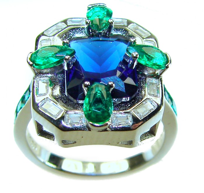 Art Deco 8.6 ctw Sapphire Emerald .925 Sterling Silver handcrafted Statement Ring size 7 1/2 - Close-up of Art Deco sapphire and emerald sterling silver ring.