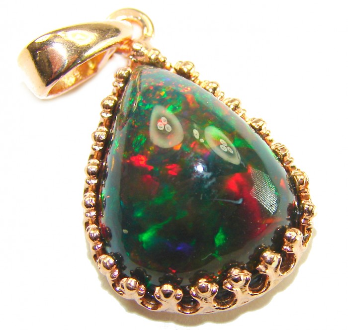 Black Galaxy 12.5 ctw Authentic Black Opal 14K Gold over .925 Sterling Silver handmade Pendant - Close-up of Black Opal pendant with gold setting, front view.