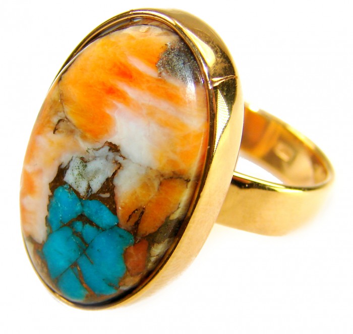 Rare 26.5 carat Oyster Turquoise 18K Gold over .925 Sterling Silver handcrafted Large ring; s. 6 adjustable - Close-up of Oyster Turquoise ring in 18K Gold over Sterling Silver.