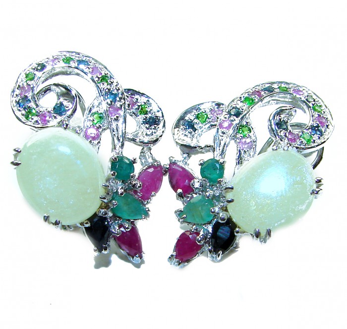 TIFFANY 5.2 carat 6.8 CARAT Australian White Opal .925 Sterling Silver incredible handcrafted Earrings - Close-up of colorful gemstone and opal earrings on white background.