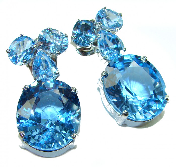 Pure Serenity 45.5 carat genuine Swiss Blue Topaz .925 Sterling Silver handmade Large Statement earrings - Blue topaz earrings, front view, sterling silver setting.