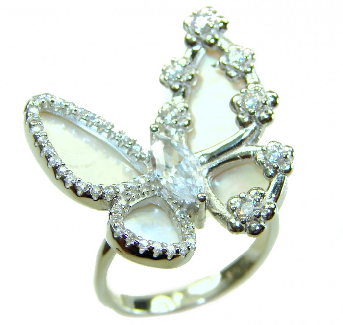 White Butterfly Blister Pearl .925 Sterling Silver brilliantly handcrafted ring s. 6 1/4 - Butterfly ring close-up showing details of pearl and silver setting.