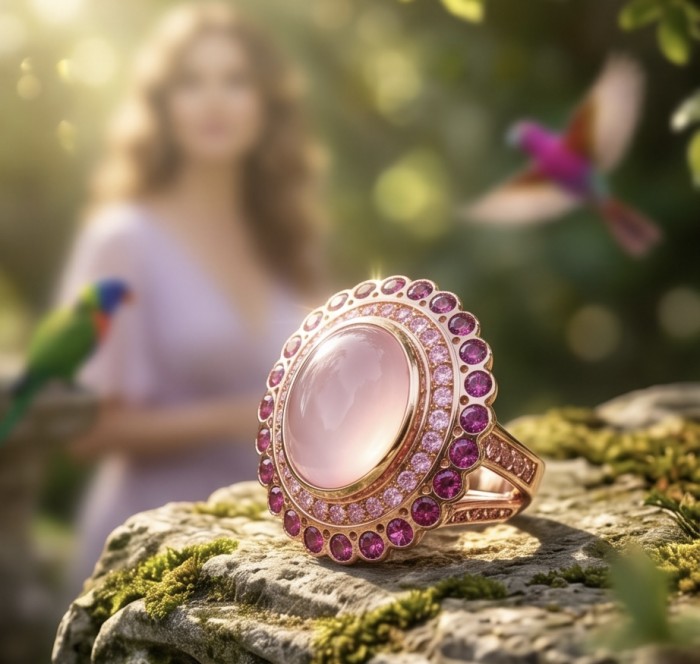 Vivien - Natural 25.8 carat pear cut BRAZILIAN Rose Quartz .925 Sterling Silver dipped in 22K Rose Gold handmade Statement Ring size 6 - Close-up of Vivien ring with Brazilian Rose Quartz on mossy surface.