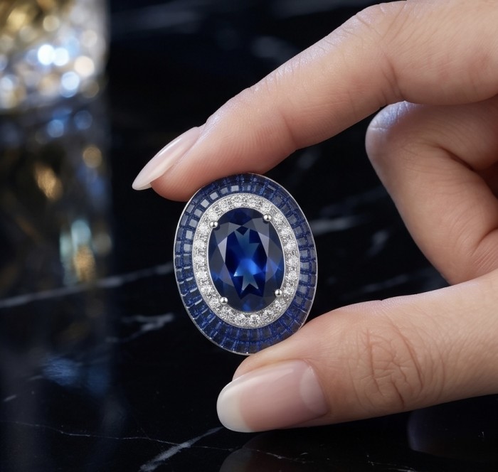 Born to Glam 12.2 carat Sapphire .925 Sterling Silver .925 Sterling Silver Statement Necklace - Close-up of Born to Glam sapphire ring held between fingers.