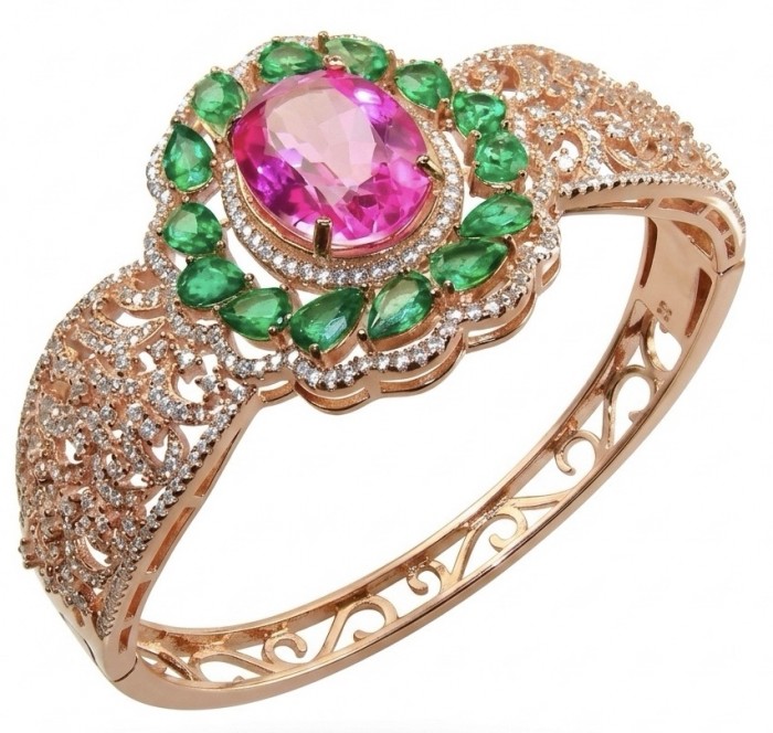 Ultimate Escape Luxurious Pink Rainbow Topaz 18K Rose Gold over .925 Sterling Silver handmade Bracelet - Side view of luxurious pink topaz and emerald 18K rose gold bracelet