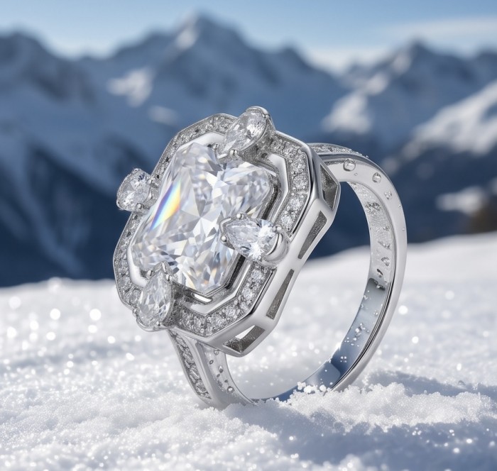 Art Deco 8.6 ctw White TOPAZ .925 Sterling Silver handcrafted Statement Ring size 8 - Side view of Art Deco white topaz ring on snow with mountain backdrop.