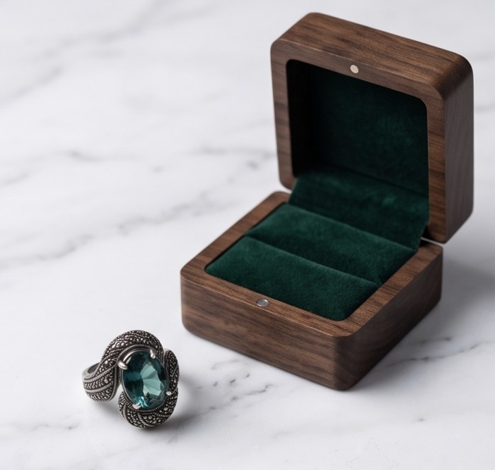 Blue Marina Massive Blue 16.8 carat Aquamarine .925 Sterling Silver handcrafted ring size 7 - Aquamarine ring with open wooden box on marble surface.